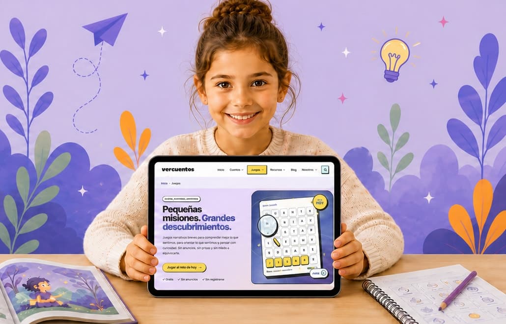 Juego educativo de Vercuentos mostrado en una tableta